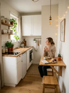 Tiny kitchen featuring a fold-down dining and prep table.