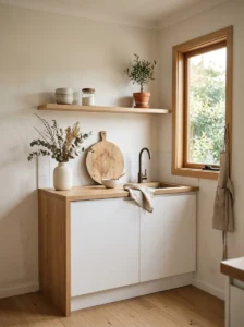 Tiny minimalist kitchen with calm neutral styling and clean counters.