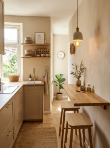 Tiny kitchen featuring a narrow prep table with tucked stools.