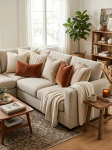 Decorative pillows in mixed textures creating a cozy room design.