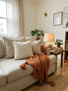 Three layered pillows styled on a cozy neutral sofa