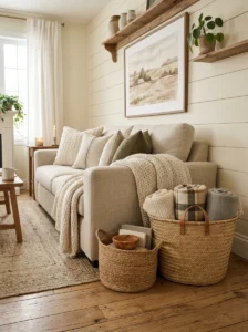 Woven baskets providing stylish storage in a cozy living room.