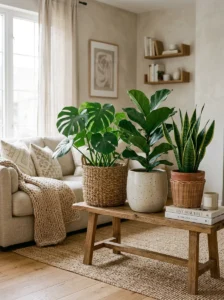 Grouped indoor plants styled together in a cozy home
