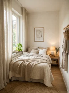 Small bedroom with tall linen curtains and soft cozy lighting.