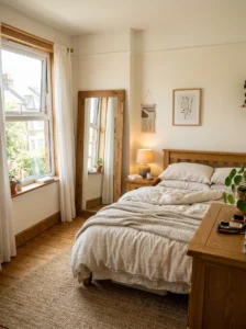 Small bedroom with large mirror reflecting natural sunlight beautifully.