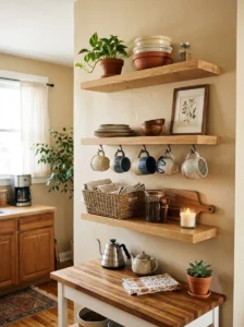 Small kitchen corner styled with floating shelves and baskets.