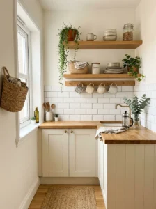 Small kitchen with floating wood shelves and cozy neutral decor.