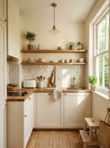 Compact kitchen with glossy backsplash tiles creating extra depth.