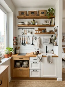 Small kitchen using vertical wall storage above countertops.