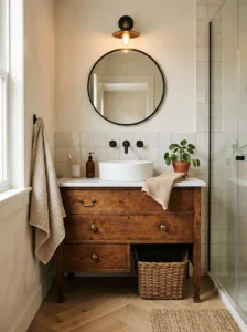 Vintage dresser transformed into a cozy bathroom vanity