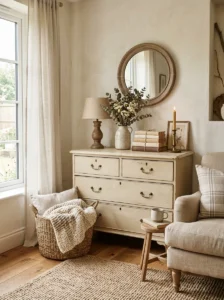 Neutral painted vintage furniture in a cozy home