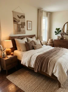 Warm brown and cream bedroom with cozy layered textures.