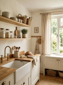 Warm white kitchen with natural wood accents and cozy decor.