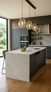 DIY waterfall edge kitchen island with quartz countertop.