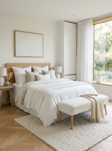 Modern white bedroom with layered cozy textures and soft lighting.