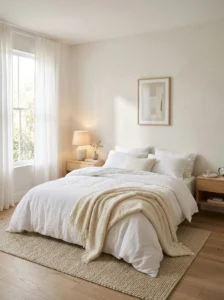 All-white minimalist bedroom with linen bedding, oak furniture, and soft natural light.