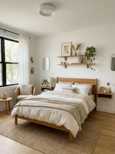 Modern bedroom with warm wood furniture and crisp white bedding.