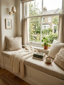 Aesthetic room featuring a cozy window seat with layered textiles.