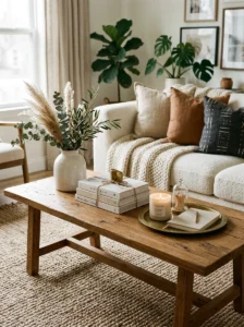 Coffee table styled with three balanced decor elements