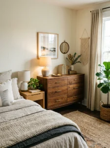 Layered vintage and modern wood furniture in a cozy home