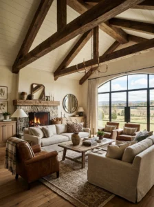 Wooden ceiling beams creating warmth in a luxury living room