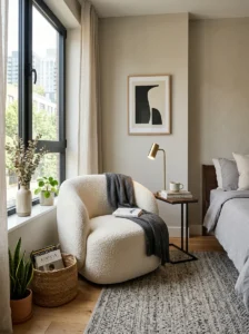 Modern bedroom with a sculptural curved boucle accent chair beside the window.