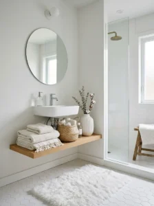White bathroom styled with textured accessories.