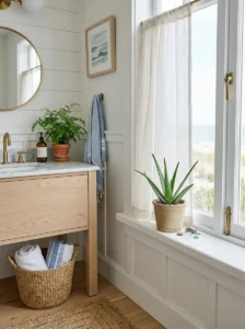 Small aloe plant adding fresh greenery to a bright blue-and-white coastal bathroom.