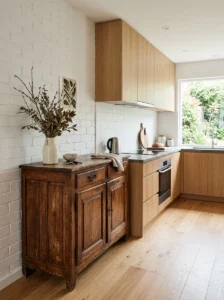 Rustic modern kitchen featuring a single antique wood cabinet as a character-rich focal point.