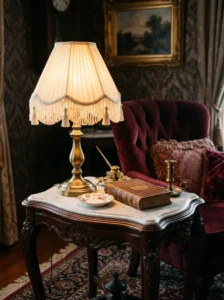 Victorian table lamp with a cream fringed shade on a marble-topped side tabl