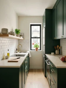 Small kitchen with bold forest green cabinets and light neutral finishes.