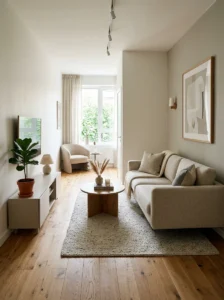 Living room with furniture floated away from the walls.