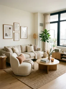 Curved furniture improving flow in a small living room.