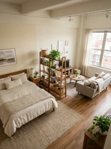 Studio bedroom divided into sleeping and living zones using furniture and a rug.