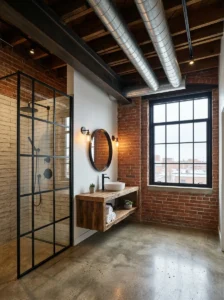 Industrial loft bathroom with exposed ceiling beams and visible ductwork.