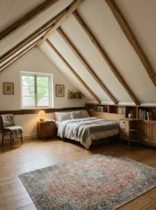 Awkward attic bedroom using corner bed placement beneath a sloped ceiling.