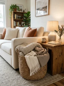 Woven living room basket filled with cozy neutral blankets and throws.
