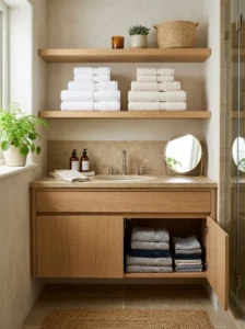 Pristine display towels on open shelving with everyday towels stored inside a bathroom cabinet.