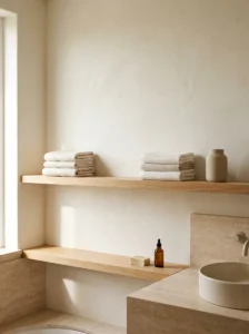 Minimal bathroom shelf with folded towel stacks separated by intentional negative space.