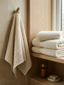 Cream waffle-weave, ribbed and terry towels adding subtle texture to a neutral bathroom.