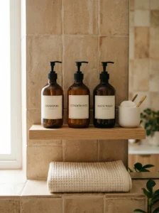 Bathroom shelf with matching amber glass bottles for shampoo, conditioner, and body wash.