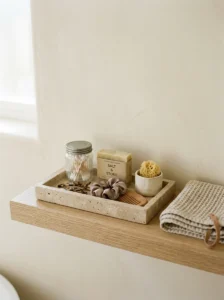 Stone tray organizing small bathroom essentials on an open shelf.