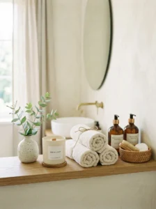 Bathroom shelf refreshed with eucalyptus, a candle, towels, and simple seasonal decor.