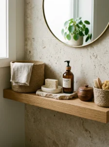 Bathroom shelf layered with wood, stone, ceramic, glass, and woven textures.