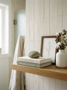 Bathroom shelf decorated with neutral books and a small minimalist art print.