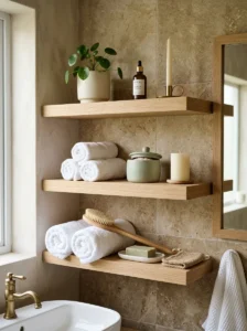 Bathroom shelf styled in white, cream, sage green, and natural wood tones.