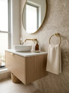 Ivory hand towel neatly looped through a brass towel ring beside the bathroom sink.