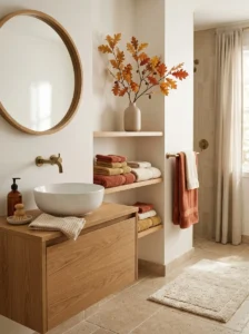 Bathroom refreshed for fall with coordinated terracotta, mustard and cream towels.