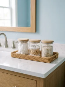 Clear glass bathroom jars with wooden lids holding cotton essentials and bath salts.
