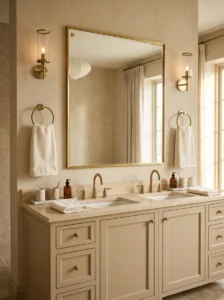 Matching hand towels displayed symmetrically beside a double bathroom vanity.